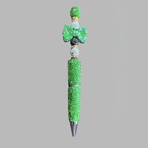 Handmade Rhinestone Sparkle Green Black Silver-Tone Beaded Bow Pen Black Ink NEW